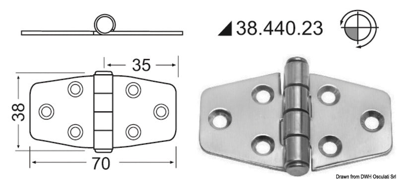 Osculati Hinge W/standard Pin 2mm 70X38 MM