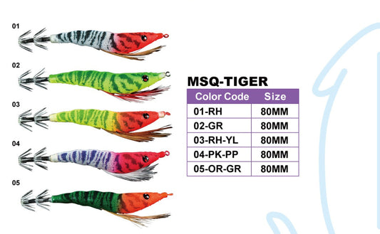 Megapro MSQ-Tiger 80mm – Unweighted Boat Egi Squid Jig | Redhead UV, Red/Yellow, Purple Tiger