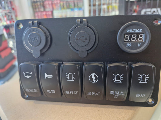 Marine 6 Switch Panel with USB Port & Voltage Meter